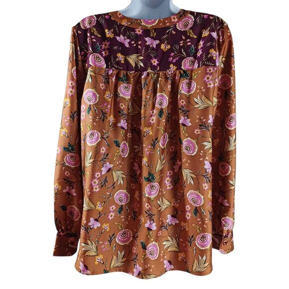 NWT LOFT Floral Print Peasant Blouse L | Burnt Sienna & Plum Fall Boho Romantic - Picture 6 of 8